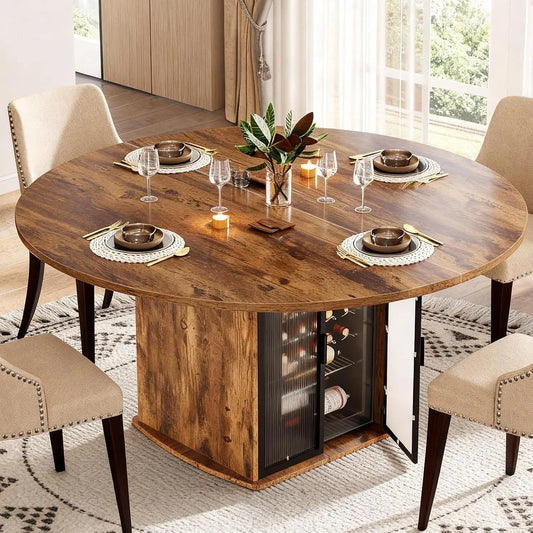 Round Dining Table for 4-6, 47 Inch with Mini Fridge Space -Storage Shelves w/doors