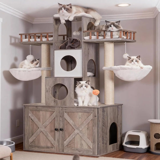 Heavy Duty Large Cat Tower with Litter Box Enclosure, Multi-Levels, and Scratching Posts