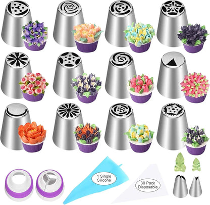 47-Piece Russian Piping Tips Set with Flower Nozzles, Leaf Tips, Couplers, and Baking Bags