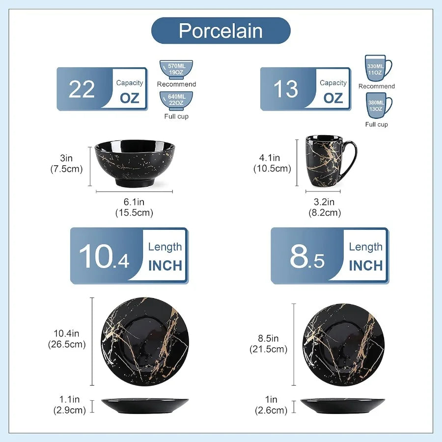 16 Piece Porcelain Dinnerware Set for 4 with Golden Spatter Design - Microwave and Dishwasher Safe