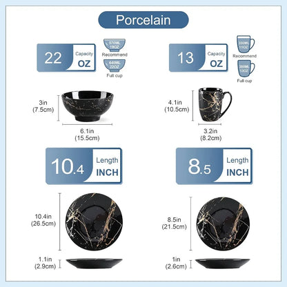 16 Piece Porcelain Dinnerware Set for 4 with Golden Spatter Design - Microwave and Dishwasher Safe