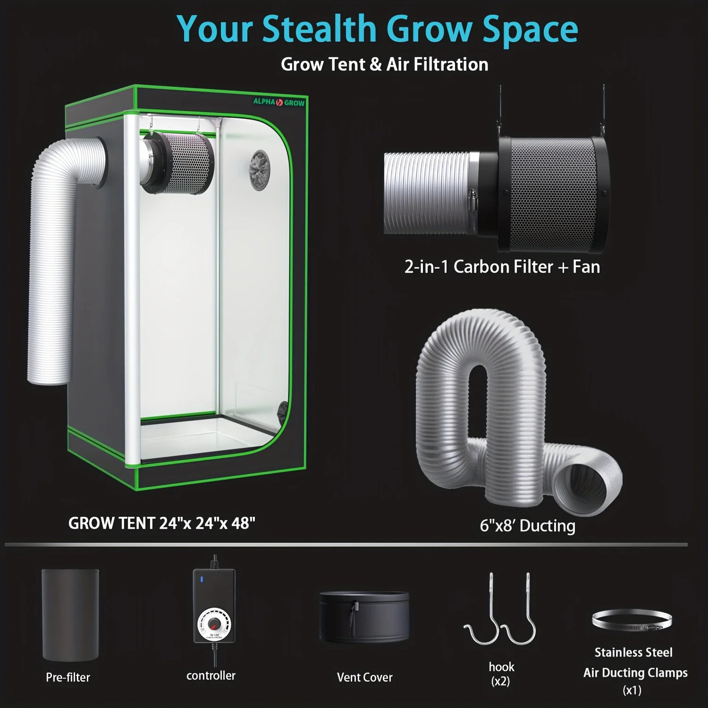 24"x24"x48" Grow Tent Kit With 6 Inch Air Carbon Filter, Australian Virgin Charcoal & Speed Controller
