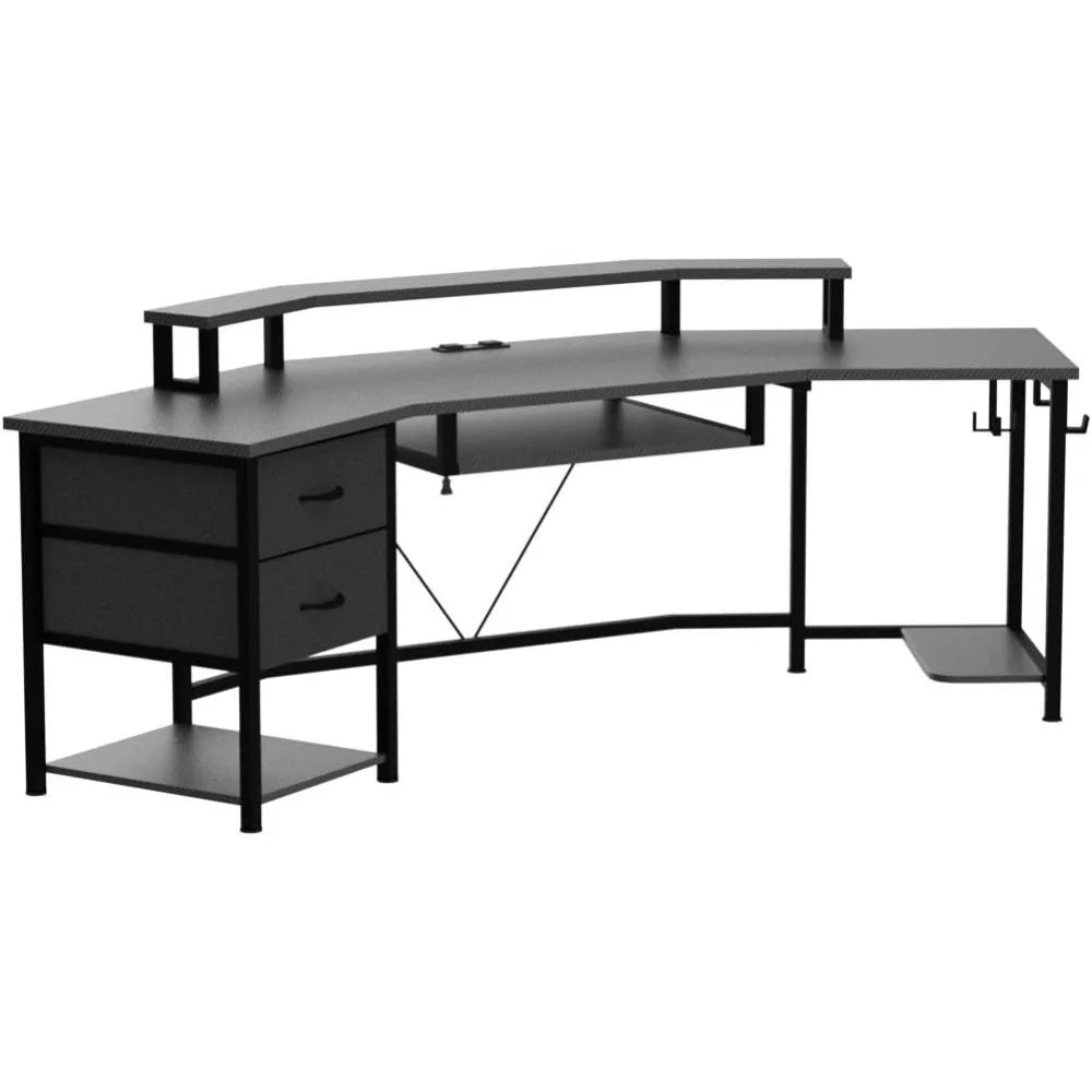 79" L Shaped Desk includes 2 Fabric Drawers & LED Light, with Storage Shelf