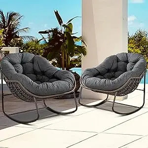 Set of 2 Papasan Rocking Chairs - Oversized, Comfy, Royal Rattan with Strip Velvet Cushions