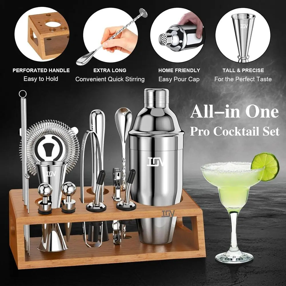 Cocktail Shaker Set Kit with Stand Includes Shaker, Jigger, Strainer, Mixing Spoon, Muddler, and Cocktail Recipes