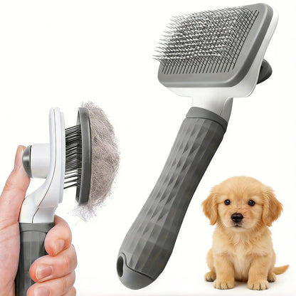 Pet Grooming Brush with One-Click Hair Removal, Bent Needle Massaging Comb