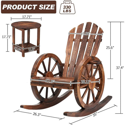 Set of 2, Wooden Rocking Chairs with Wagon Wheel Armrest and Small Table