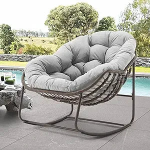 Set of 2 Papasan Rocking Chairs - Oversized, Comfy, Royal Rattan with Strip Velvet Cushions