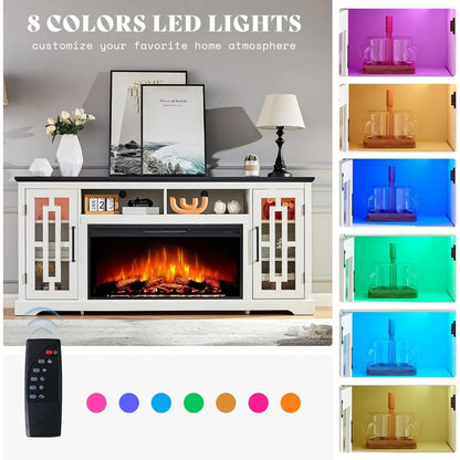 "70 Inch Electric Fireplace TV Stand with Cabinets and LED Lighting