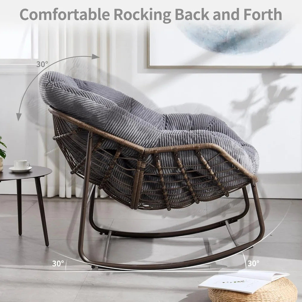 Set of 2 Papasan Rocking Chairs - Oversized, Comfy, Royal Rattan with Strip Velvet Cushions