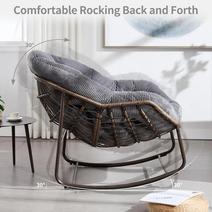 Set of 2 Papasan Rocking Chairs - Oversized, Comfy, Royal Rattan with Strip Velvet Cushions