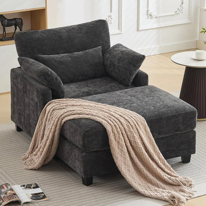 Large Chenille Upholstered Chaise Lounge with Ottoman and Sofa Bed