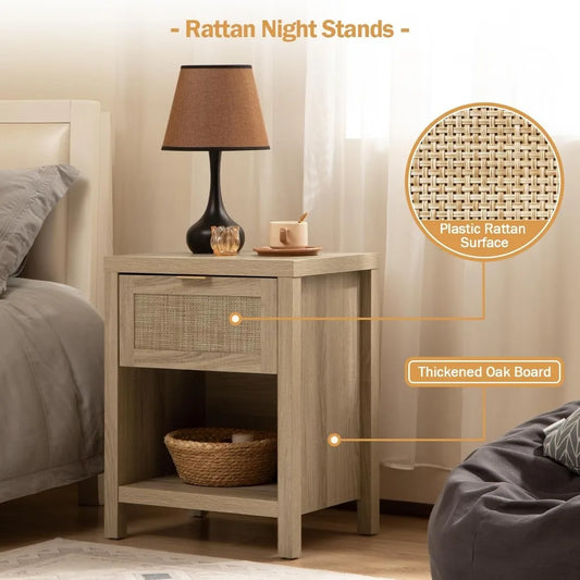 Set of 2 Rattan Nightstands with Drawer and Storage Shelf