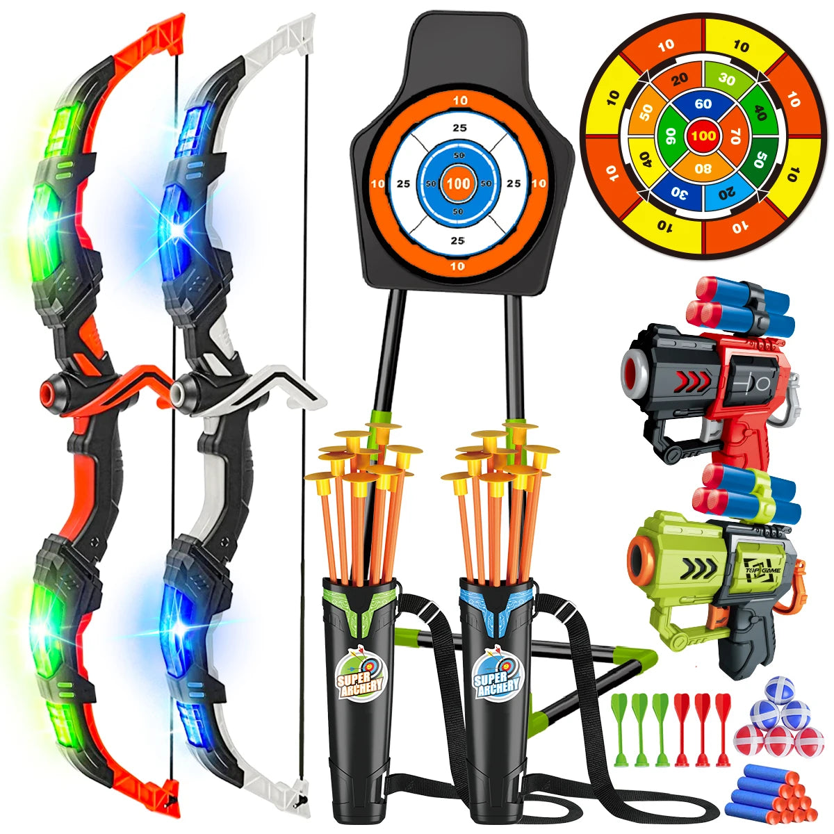 Toy Bow Arrow + Guns For Kids Night-Light Archery Stand and Target Board