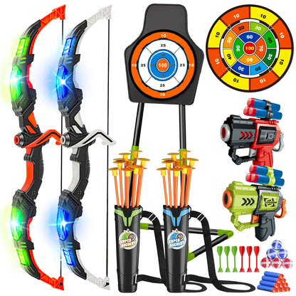 Toy Bow Arrow + Guns For Kids Night-Light Archery Stand and Target Board