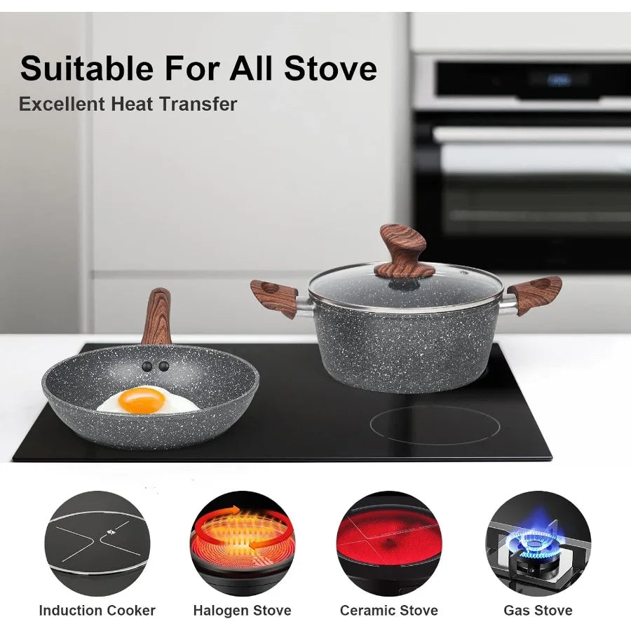 Granite Pots and Pans on Stick, 11 Piece Set, Die Cast Induction Cookware Set