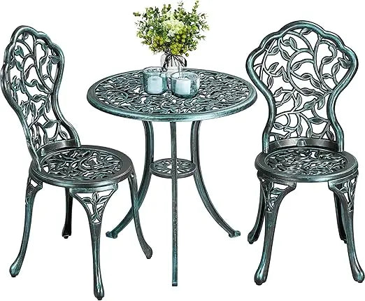 3-Piece Bistro Set w/Leaf Design, Rust-Resistant Cast Aluminum Table and Chairs