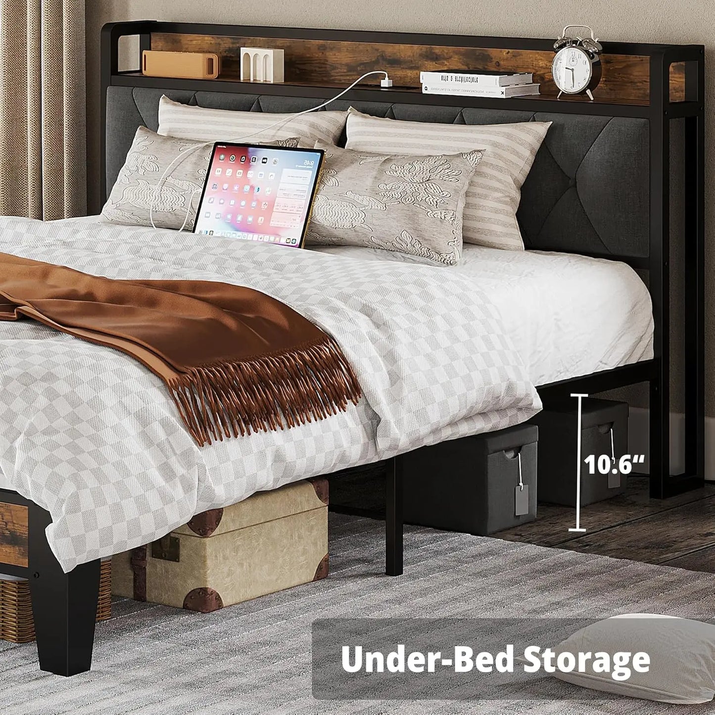 Bed Frames, Storage Headboard with Outlets, No Box Springs Needed