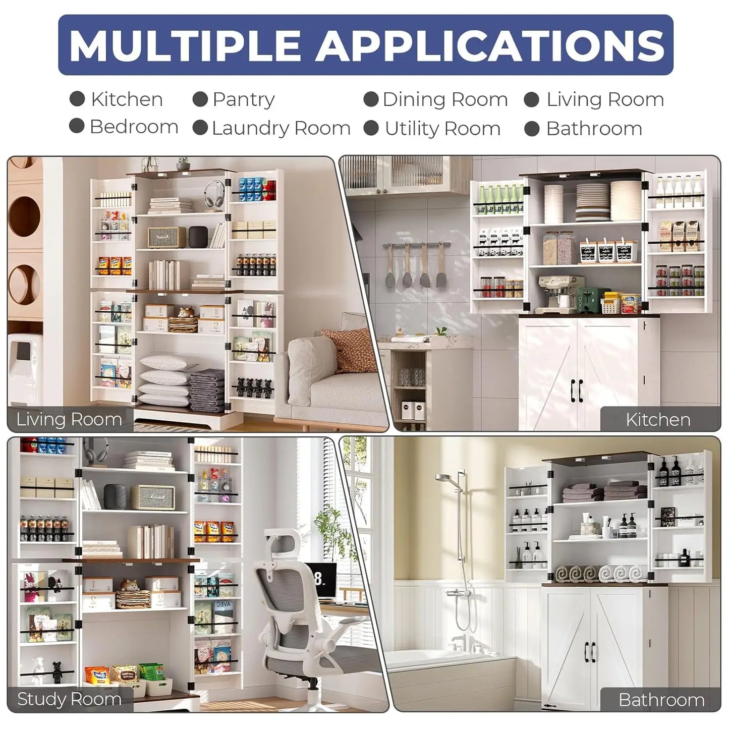 75" Kitchen Pantry Cabinet, Rustic Wood with Adjustable Shelves & Barn Style Door