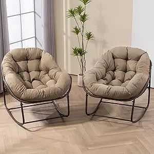 Set of 2 Papasan Rocking Chairs - Oversized, Comfy, Royal Rattan with Strip Velvet Cushions