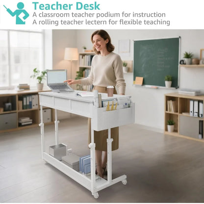 Portable Rolling Computer Desk - 40 Inch Adjustable Desk with 3 Fabric Drawers