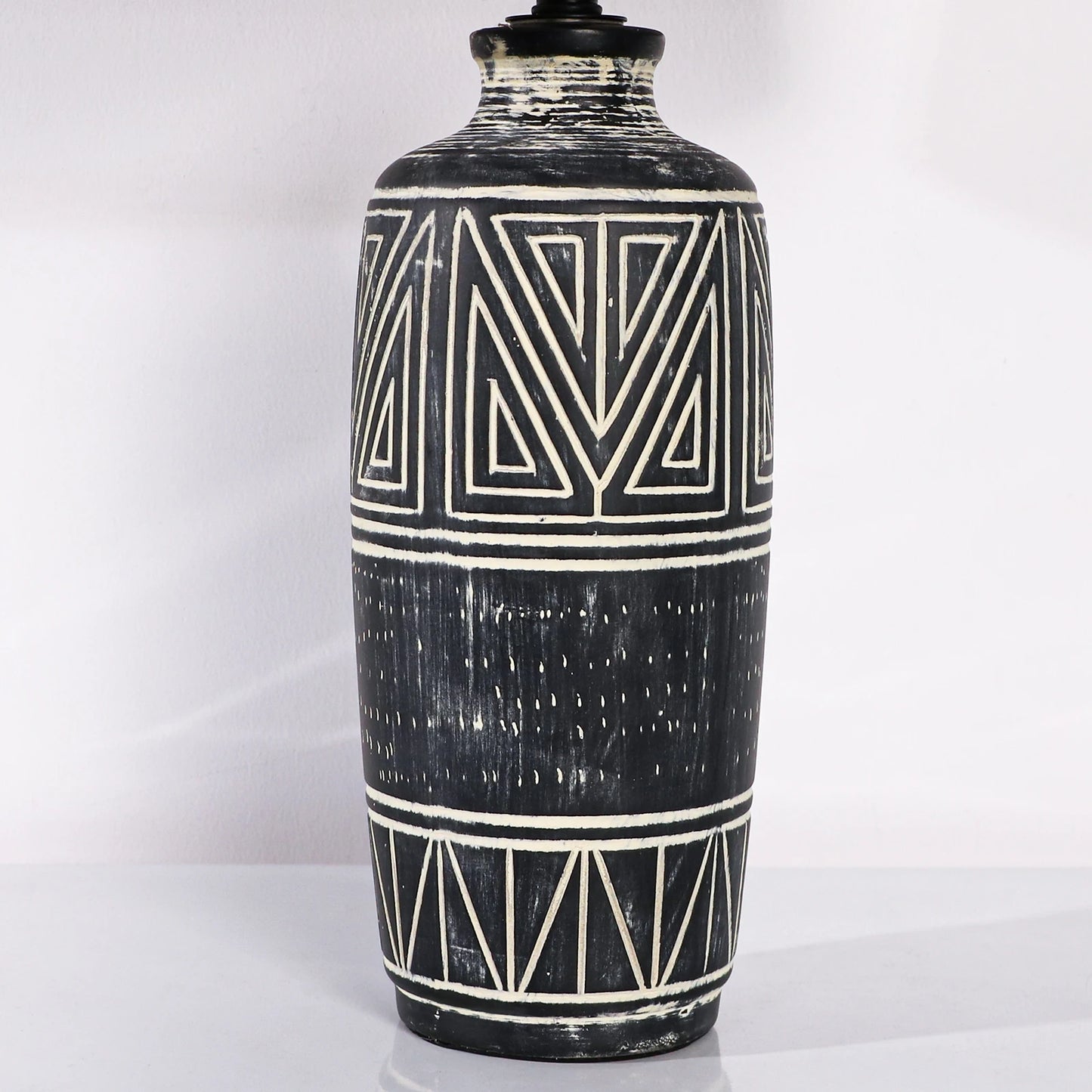 Set of 2 25-Inch Carved Geometric Ceramic Table Lamp With Linen Shade