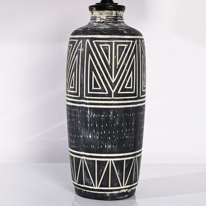 Set of 2 25-Inch Carved Geometric Ceramic Table Lamp With Linen Shade