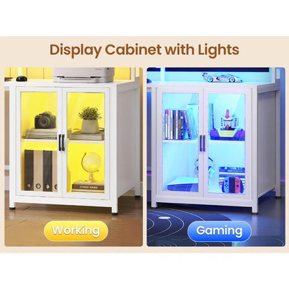 L Shaped Desk with 4 Drawers with Display Cabinet 2ith LED Lights