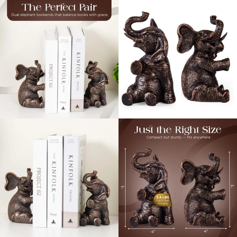 Vintage Elephant Bookends with Non-Slip Padding - Heavy Duty Resin