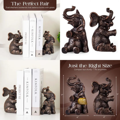 Vintage Elephant Bookends with Non-Slip Padding - Heavy Duty Resin