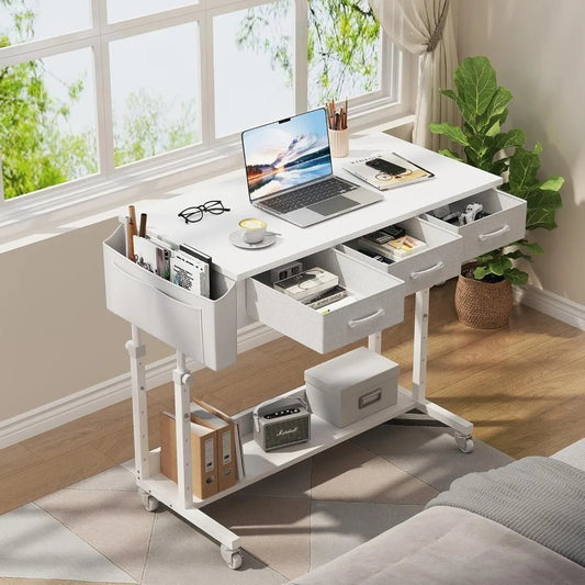 Portable Rolling Computer Desk - 40 Inch Adjustable Desk with 3 Fabric Drawers
