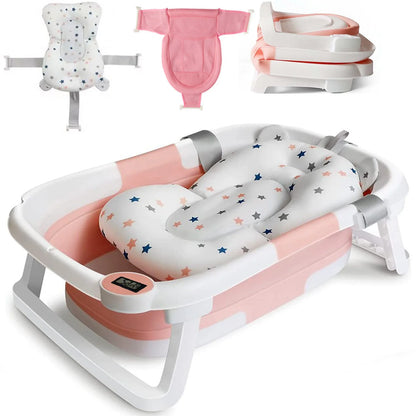 Foldable Baby Bath Tub with Bath Cushion, Thermometer Newborn to Toddler
