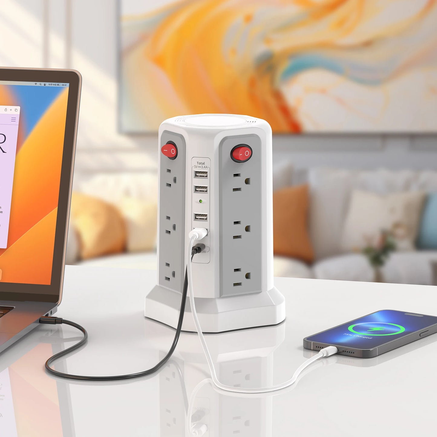 Tower extension cord plug-in board, 1.8m braided with PD20W fast charging port