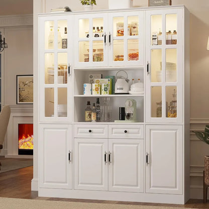 Freestanding Cabinet with Glass Doors, 78.7" H-63"W w/LED Lights, and Drawers