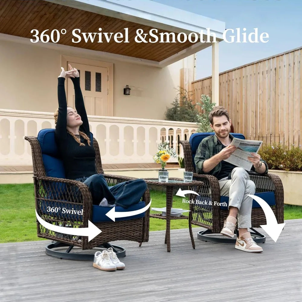 3 Pcs. Outdoor Swivel Rocker Chairs with Rattan Side Table