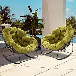 Set of 2 Papasan Rocking Chairs - Oversized, Comfy, Royal Rattan with Strip Velvet Cushions