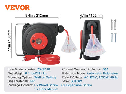 Retractable Extension Cord Reel, 30FT, Lighted Triple Tap Outlet, with  4.5FT Lead-in Cord