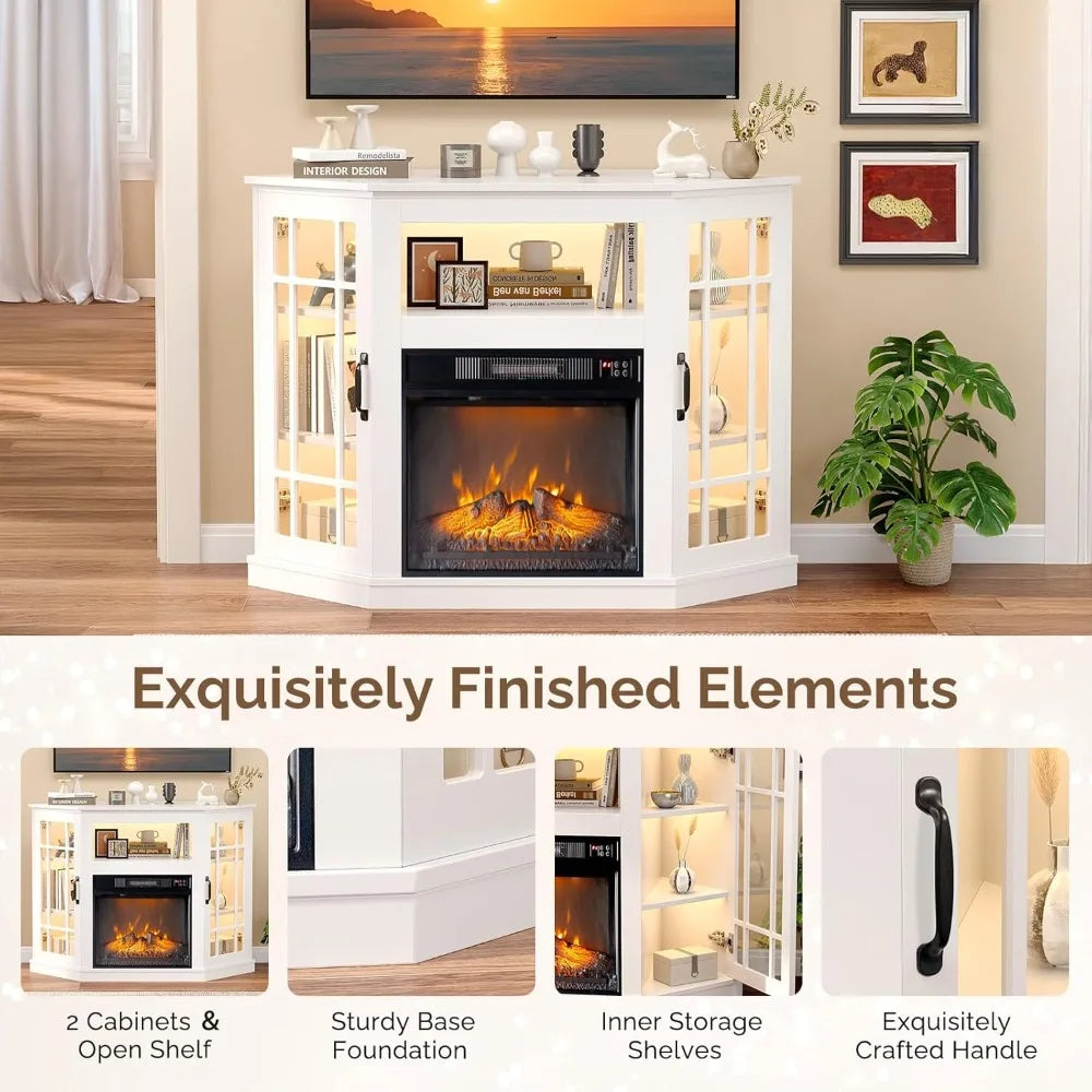 Corner Electric Fireplace TV Stand up to 55 inch TVs w/ Glass Doors