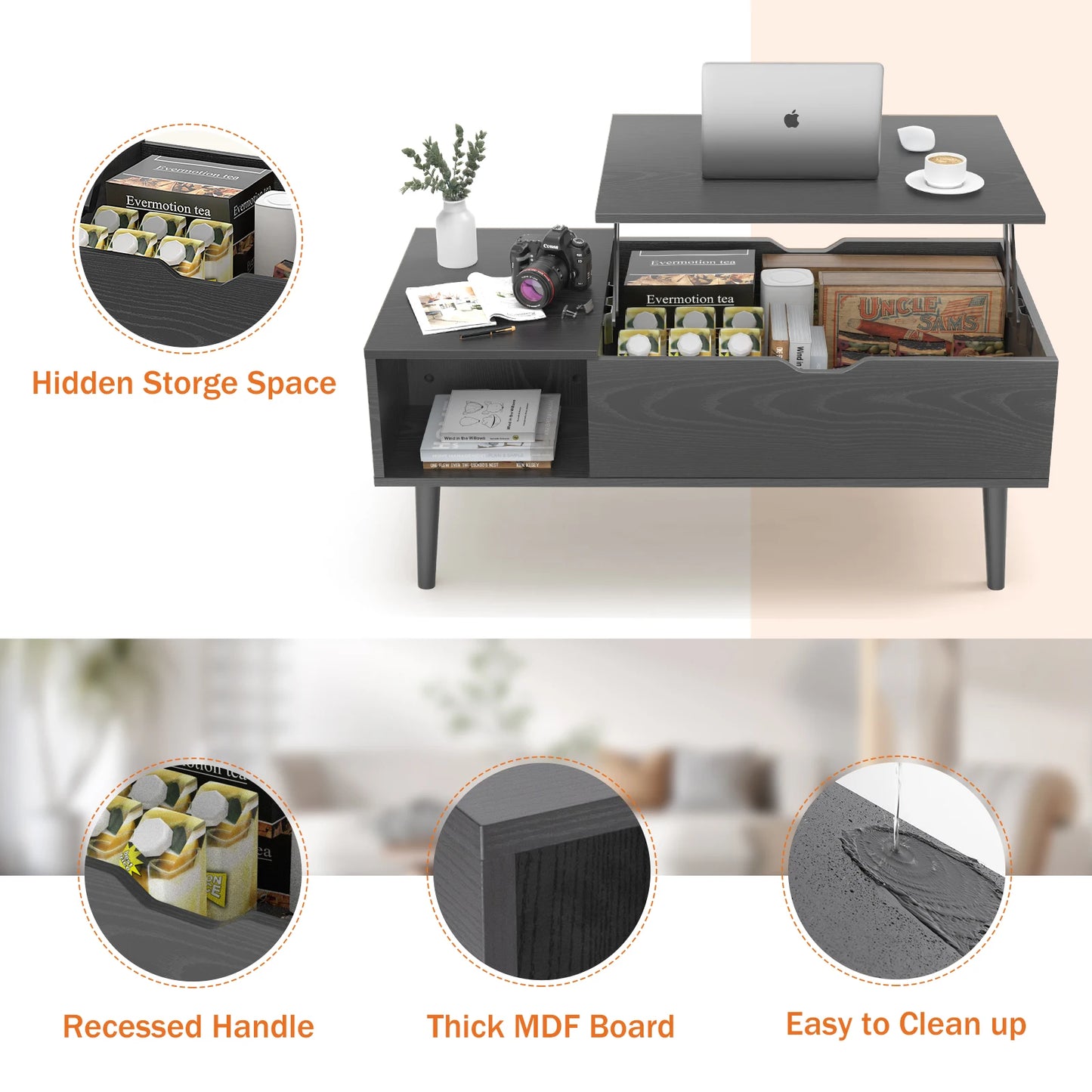 Lift Top Coffee Table w/ Hidden Storage Space w/Easy Lift