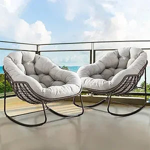 Set of 2 Papasan Rocking Chairs - Oversized, Comfy, Royal Rattan with Strip Velvet Cushions