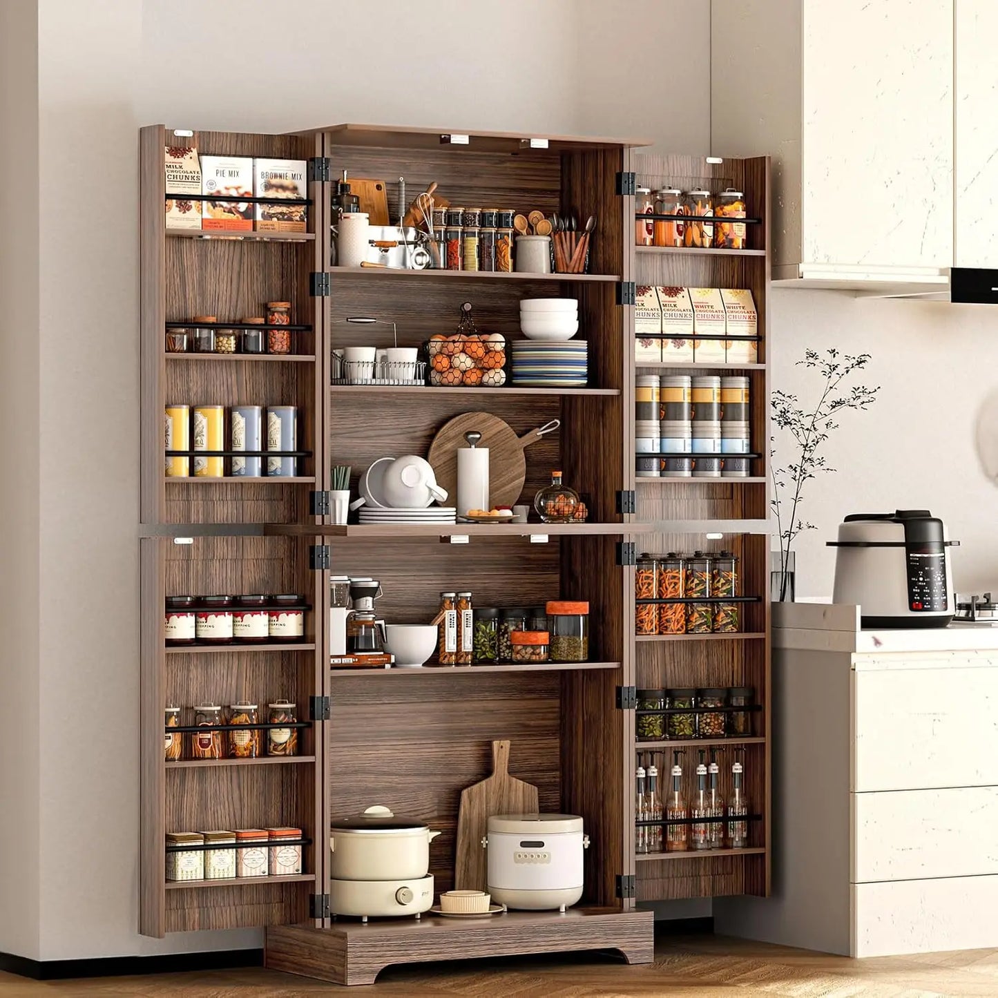 75" Kitchen Pantry Cabinet, Rustic Wood with Adjustable Shelves & Barn Style Door