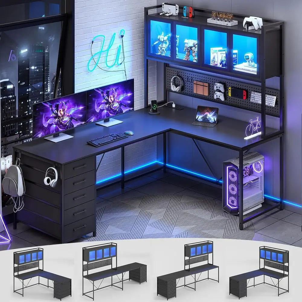 L-Shaped Gaming/Computer Desk with Storage, Hutch, Pegboard, LED Lighting, and Power Outlets