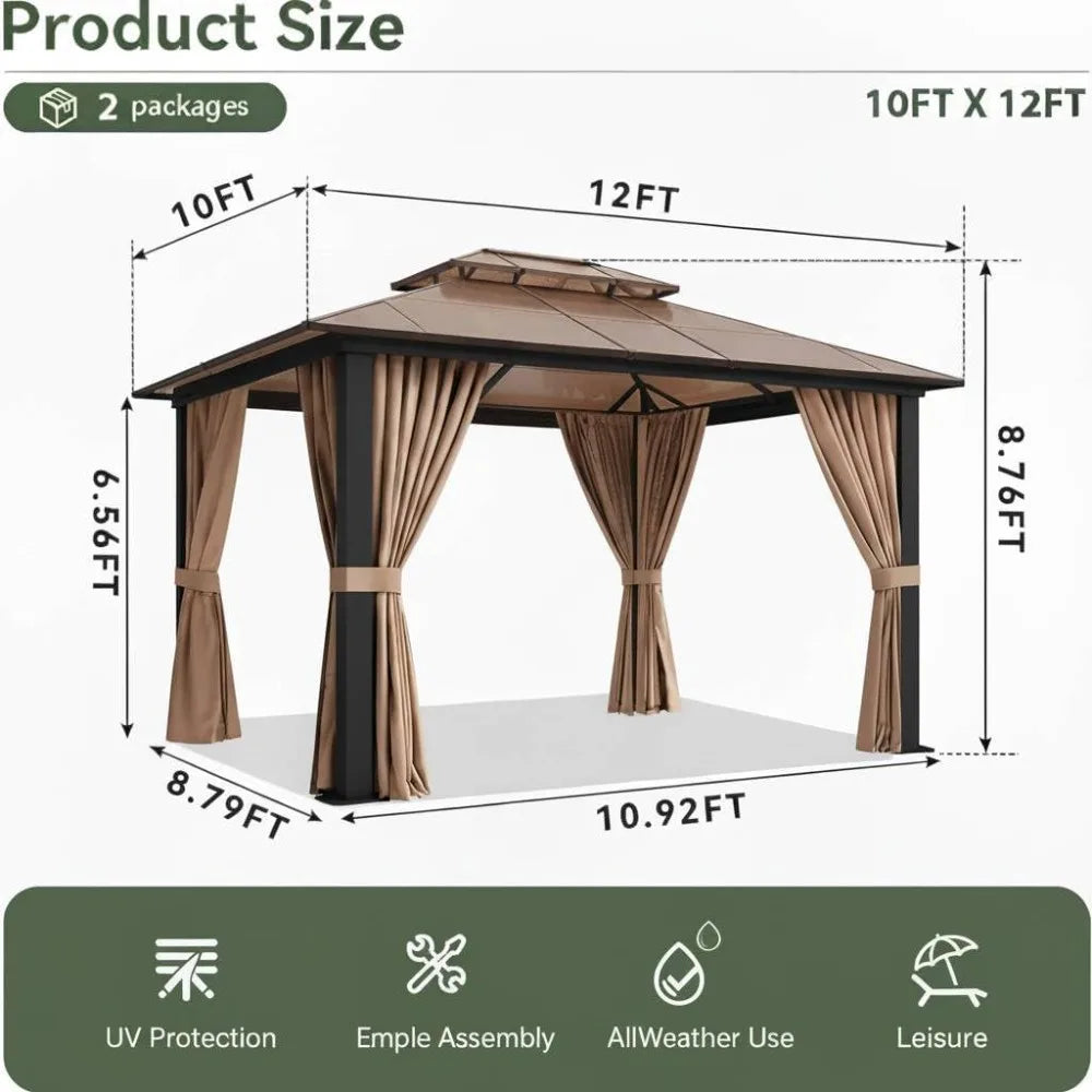 10x12ft Hardtop Gazebo with Double Roof, Curtains & Netting  with All-Weather Aluminum Frame