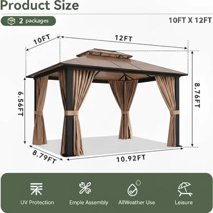 10x12ft Hardtop Gazebo with Double Roof, Curtains & Netting  with All-Weather Aluminum Frame