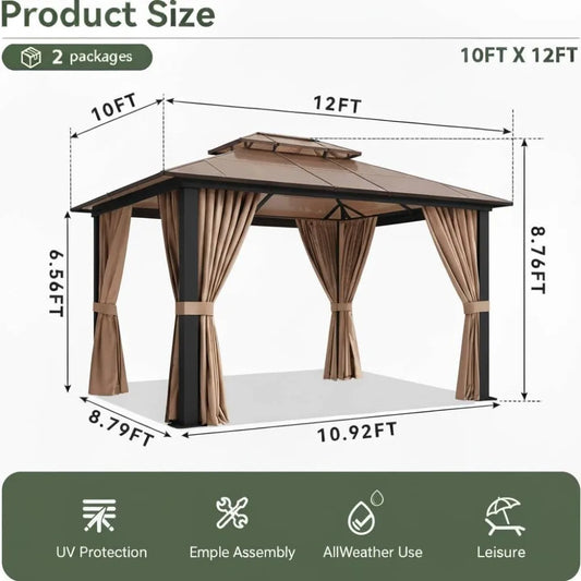 10x12ft Hardtop Gazebo with Double Roof, Curtains & Netting  with All-Weather Aluminum Frame