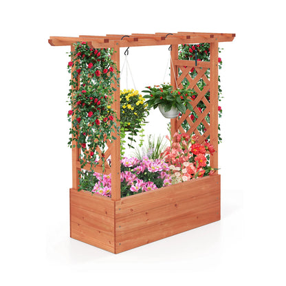 Wooden Raised Garden Bed w/Trellis & Hanging Roof and Drainage