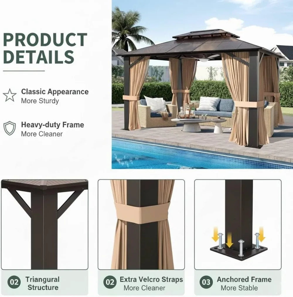10x12ft Hardtop Gazebo with Double Roof, Curtains & Netting  with All-Weather Aluminum Frame