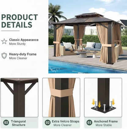 10x12ft Hardtop Gazebo with Double Roof, Curtains & Netting  with All-Weather Aluminum Frame