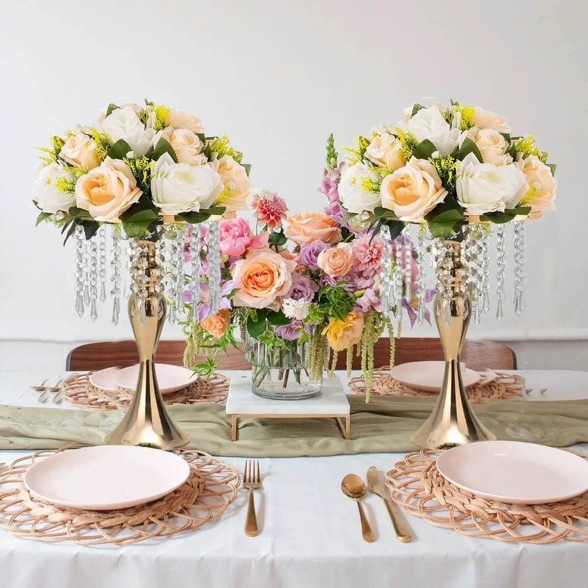 Set of 8, Centerpieces for Tables-Gold Vase Stand with Crystals