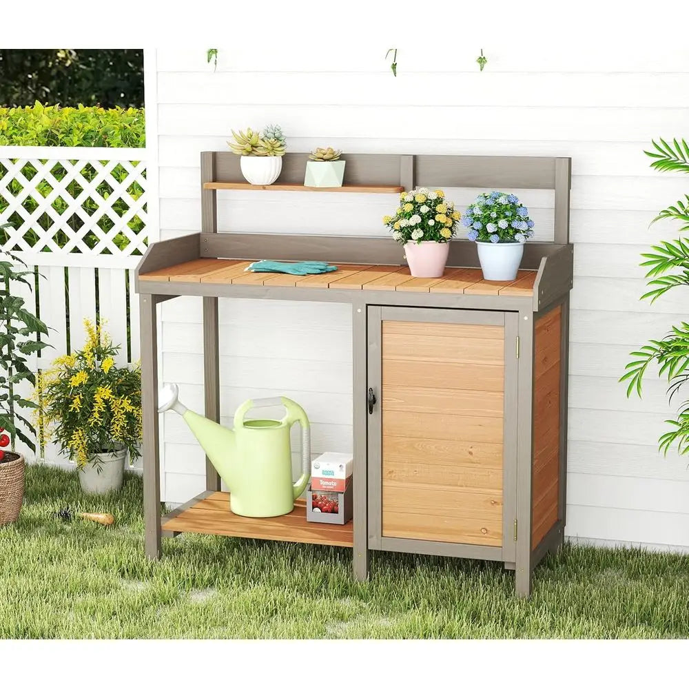 Wooden Potting Work Bench with Dry Sink, Cabinet, and Storage Shelves